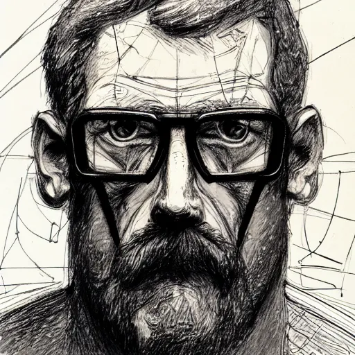 Prompt: a realistic yet scraggly portrait sketch of the side profile of a stern and sophisticated gordon freeman, trending on artstation, intricate details, in the style of frank auerbach, in the style of sergio aragones, in the style of martin ansin, in the style of david aja, in the style of mattias adolfsson