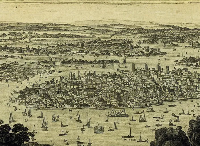 Prompt: detail from Hollar’s Panoramic view of Sydney, 1647