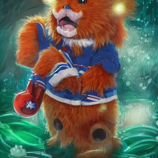 Image similar to anime Portrait of Youppi the Habs Montreal Canadiens Mascot as a very cute powerful and friendly pokemon, highly detailed anime, high evolution, 1990s, legendary, smooth, sharp focus, dynamic lighting, intricate, trending on ArtStation, illustration pokemon, art by WLOP