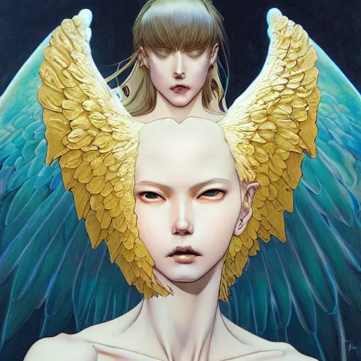 Image similar to prompt : angel women with golden wings soft light painted by james jean and katsuhiro otomo and erik jones, inspired by akira anime, smooth face feature, intricate oil painting, high detail illustration, sharp high detail, manga and anime 1 9 9 9