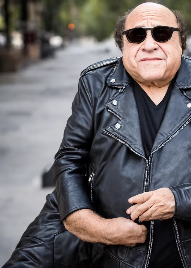 Prompt: photo of danny devito in a biker gang wearing a leather jacket and dark sunglasses, 8 5 mm f / 1. 8, bokeh, backlit
