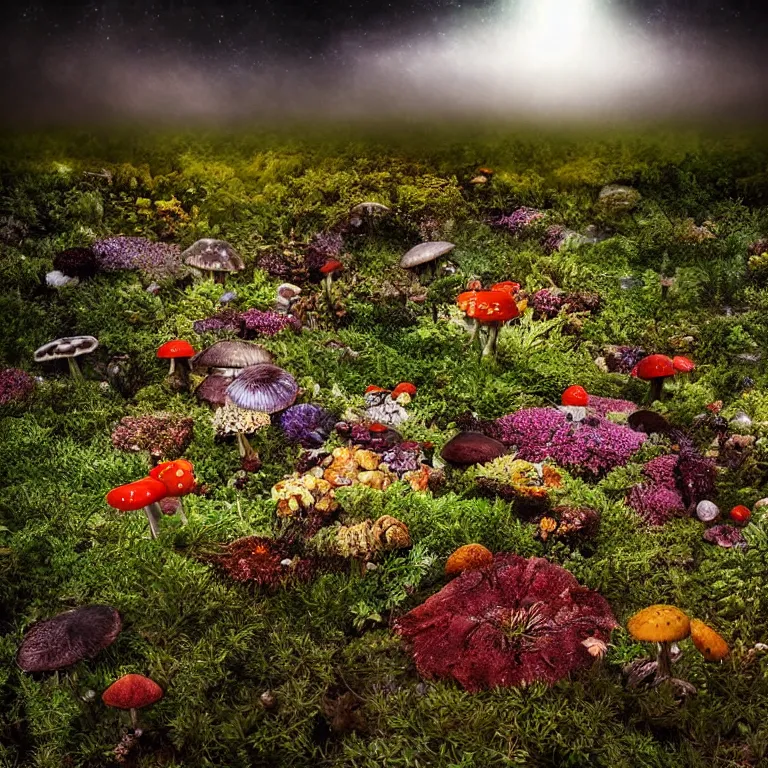 Image similar to a planet of various fungus, mushrooms, flowers and plants, inside the picture is infinity, Atmospheric, artistic photography, conceptual, long exposure outside the city, volumetric light