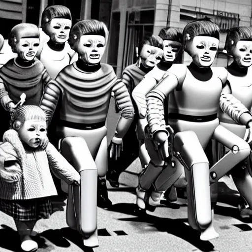 Image similar to in the style of 1960s, A scary robot is chasing after a bunch of scared adults with fully detailed faces, down the street, fully detailed , faces in focus