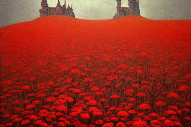 Image similar to only with red, red flowers of different types, a red tiger, a castle in the background, medieval demons dance over the flowers, an ancient path, in the style of beksinski, part by hopper, part by rodcenko, part by hofbauer, intricate composition, red by caravaggio, insanely quality, highly detailed, masterpiece, red light, artstation