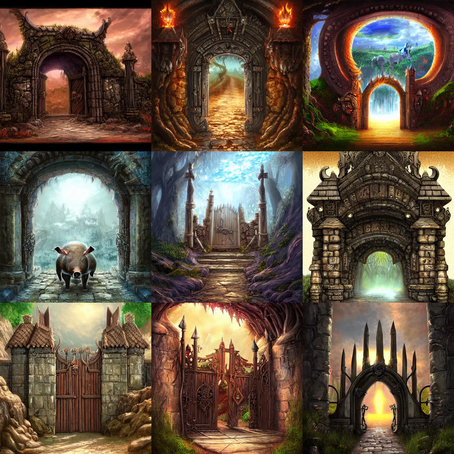 Prompt: The gate to the eternal kingdom of boars, fantasy, digital art, HD, detailed.