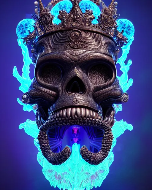 Prompt: 3 d ornate carved dark cosmic king queen profile portrait, sigma 5 0 0 mm f / 5. beautiful intricate highly detailed quetzalcoatl skull. bioluminescent, plasma, lava, ice, water, wind, creature, thunderstorm! artwork by tooth wu and wlop and beeple and greg rutkowski, 8 k trending on artstation