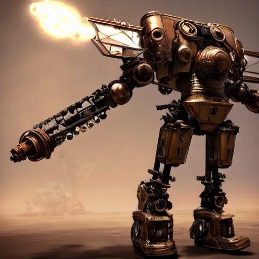 Image similar to a steampunk mech - suit designed to shoot down other mech - suits, 3 d render, unity, steam, pipes, guns, copper, metal, slightly rusty, plain background, finely detailed, epic, intense, sparks, cinematic lighting,