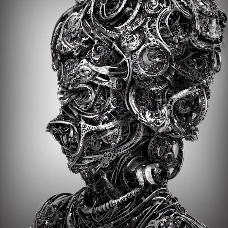 Prompt: surreal biomechanical spinal ribbed tribal exotic organic face portrait of mechanical cyborg, beautiful detailed intricate insanely detailed BW 3D render digital art, octane render, 8K artistic photography, photorealistic