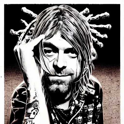 Prompt: graphic illustration, creative design, kurt cobain, biopunk, francis bacon, highly detailed, hunter s thompson, mixed media