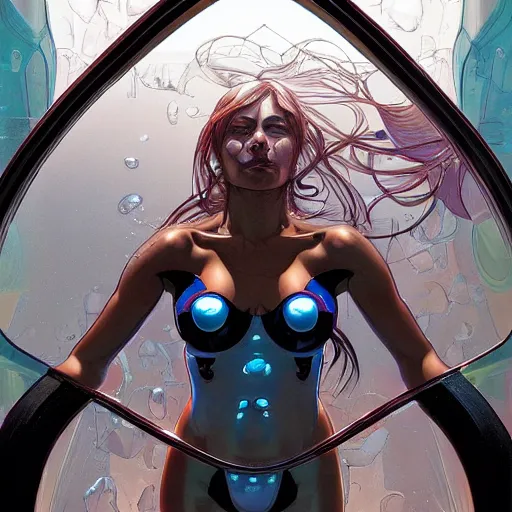 Prompt: a beautiful artwork of a girl standing inside a machine made of glass by Jerome Opeña, featured on artstation