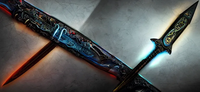 Image similar to legendary cybernetic sword lying flat on a glowing table with a long sharp black and iridescent sword blade, digital award winning hd matte painting, intimate dark moody, intricate, ornate spikes, colorful hilt, detailed realistic, raytraced blade, colored gems, future golden technological pommel, in the style of greg rutkowski and krenz cushart, deviantart