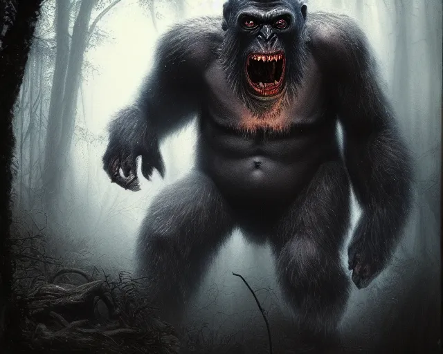 Prompt: 5 5 mm portrait photo of a demonic undead gorilla looking at the camera, in a magical forest, dark atmosphere, art by greg rutkowski and luis royo, highly detailed, 8 k, intricate, lifelike, soft light