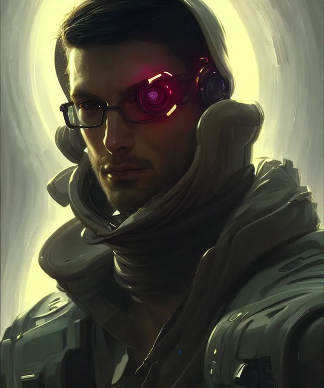 Image similar to Hacker cyberpunk man portrait, highly detailed, digital painting, artstation, concept art, smooth, sharp focus, illustration, art by artgerm and greg rutkowski and alphonse mucha