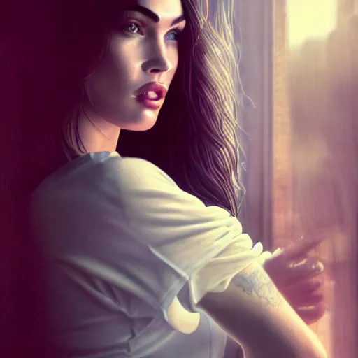 Image similar to portraite of megan fox dark atmosphere, cinematic shot, intricate, ornate, photorealistic, ultra detailed, realistic, 35mm, photography, neon, octane, high definition, depth of field, bokeh, 8k, artstation, ((alphonse mucha))