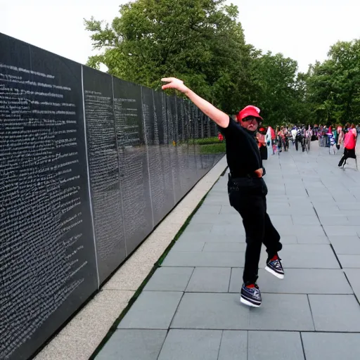 Image similar to mario dancing in front of vietnam memorial, wide angle