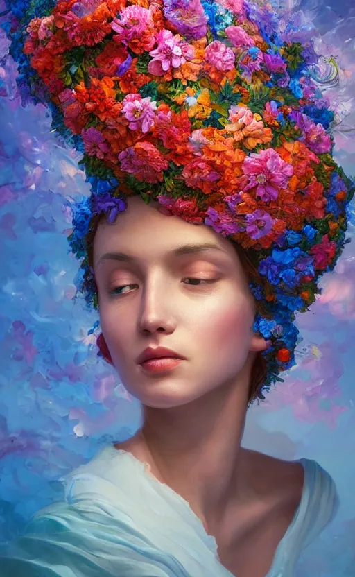 Image similar to a beautiful oil painting hyperrealism of a beautiful woman, flowers, floral headdress, 8 k resolution, octane render, trending on artstation, by gediminas pranckevicius, volumetric light 2 blue fractal thunder glow by dan mumford, anaglyph effect, laurie lipton