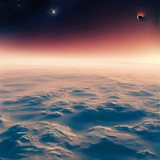 Prompt: Space photograph of the surface of an exoplanet, sharp, very detailed, realistic, clouds, exotic endless horizon, beautiful landscape, colorful, award winning photography