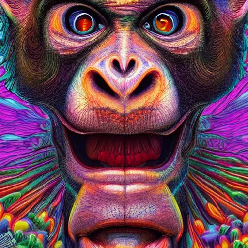 Image similar to An extremely psychedelic portrait of a monkey, surreal, LSD, face, detailed, intricate, elegant, lithe, highly detailed, digital painting, artstation, concept art, smooth, sharp focus, illustration