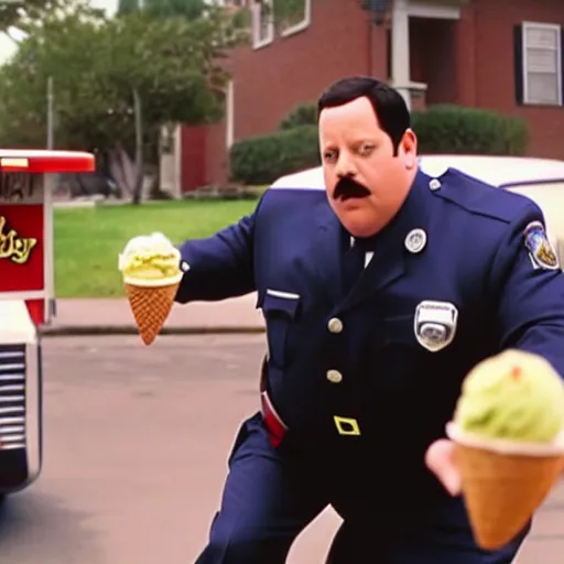Prompt: paul blart getting hit by an ice cream truck, still from paul blart mall cop