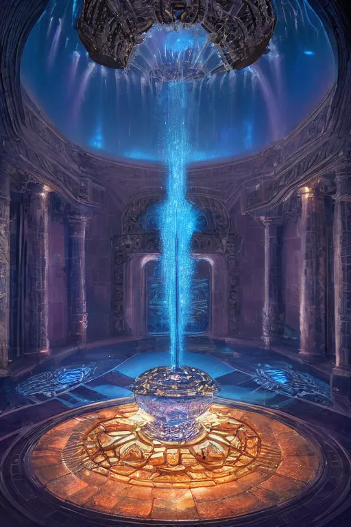 Image similar to inside of an atlantis palace, bioluminescent light, fountain, crystals, intricate, elegant, volumetric lighting, digital painting, highly detailed, artstation, sharp focus, illustration, concept art, ruan jia, steve mccurry