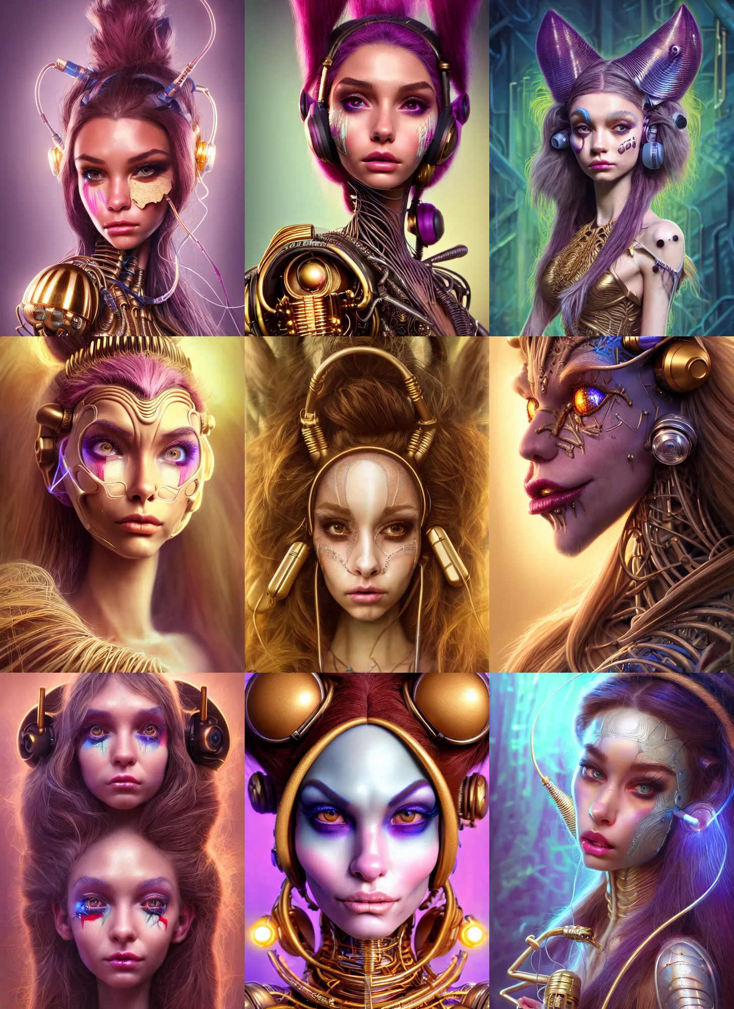 Prompt: disney weta portrait, soft lustrous ivory biotech raver clowncore madison beer jungle cyborg, earbuds, golden ratio, details, sci - fi, fantasy, cyberpunk, intricate, decadent, highly detailed, digital painting, ever after high, octane render, artstation, concept art, smooth, sharp focus, illustration, art by artgerm, loish, wlop