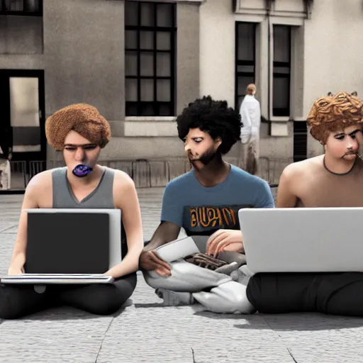 Image similar to a group of realistic bums on street using laptops with blender 3 d logotype on laptop, highly detailed, intricate, sharp focus, digital art, 8 k