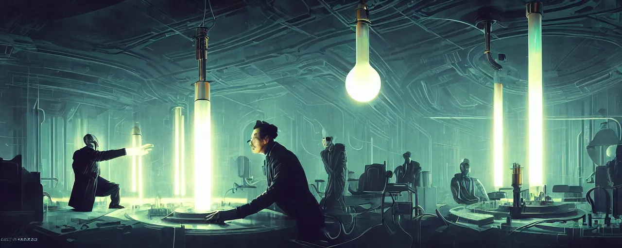 Prompt: duotone dark futuristic illustration 3 / 4 portrait of nicola tesla conducting experiments in wardenclyffe tower. cinematic science fiction lighting. golden ratio accidental renaissance. by sachin teng and sergey kolesov and ruan jia and heng z. graffiti art, scifi, fantasy, hyper detailed. octane render. concept art. trending on artstation
