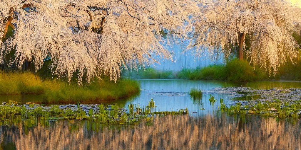 Prompt: a majestic blue heron in shallow river, waterfalls in distance, willow trees, cherry blosom trees, lily pads, bullrushes, marsh, clouds, golden hour, intricate, luminescent matte painting, highly detailed, artstation