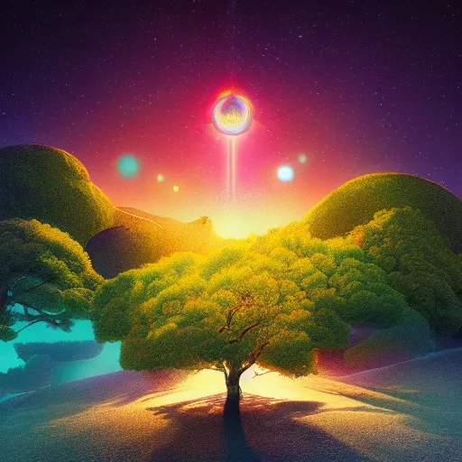 Image similar to sharp blooming atlantic space disk coot ash tree toast rock album cover , by Ernst Max and Bob Ross and Beeple , digital illustration , Global Illumination , black velvet painting