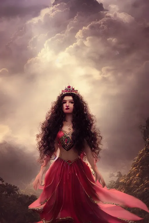 Image similar to dreamy beautiful persian asian princess in clouds, green eyes, red dress, long black curly hair, smiling, wearing a diamond tiara, face, highly detailed, artstation, concept art, sharp focus, hyper realistic, octane render, unreal engine, 8 k