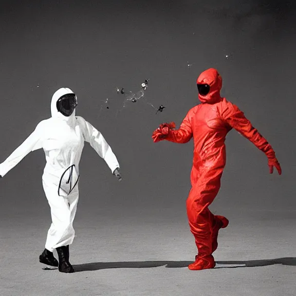 Prompt: two scientists wearing red rick owens hazmat suits running from a collapsing star by frank frazetta