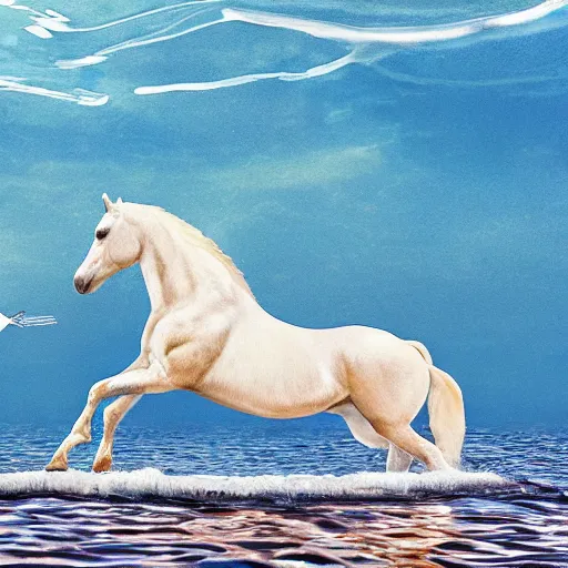 Image similar to horse swimming in the ocean with fork and knife, photorealistic, high detail