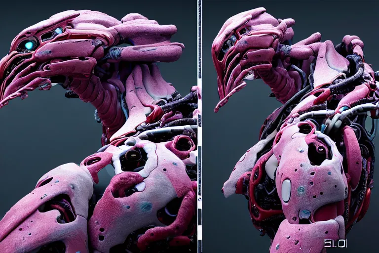 Image similar to portrait of a posed hyper detailed complex, plowhorn evangelion realistic mechanical and fleshy organic creature similar look as horizon forbidden west horizon zero dawn bioluminiscence in a dark deep forest at dawn in spring, with reflection and textures, by kilian eng, substance painter reaslitic mech surface metal painted scratches