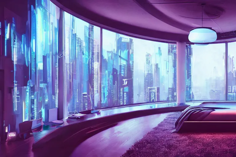 Image similar to a futuristic bedroom with large curved ceiling high windows looking out to a far future cyberpunk cityscape, cyberpunk neon lights, raining, scifi