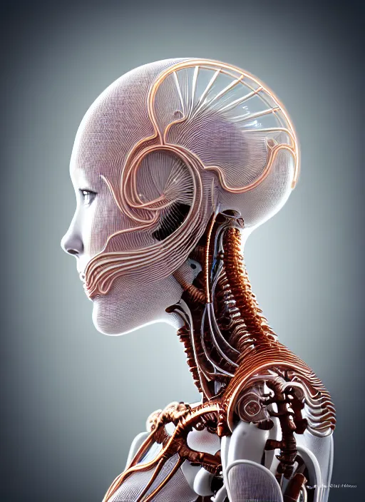 Prompt: portrait photography of a beautiful woman , natural color skin, complex 3d render ultra detailed of a beautiful porcelain profile woman, biomechanical cyborg, analog, 150 mm lens, beautiful neon soft light, fine cyborg lace, silver white red details, Alexander Mcqueen high fashion haute couture, art nouveau fashion embroidered, steampunk, intricate details, mesh wire, mandelbrot fractal intricate ornament, anatomical, facial muscles, veins, cable wires, microchip , elegant, hyper realistic, ultra detailed, octane render, H.R. Giger style, volumetric lighting, 8k post production