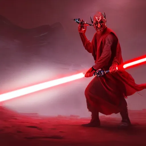 Prompt: darth maul wielding lightsaber, smirking, red, intricate, detailed, volumetric lighting, scenery, digital painting, highly detailed, artstation, sharp focus, illustration, concept art, ruan jia, steve mccurry