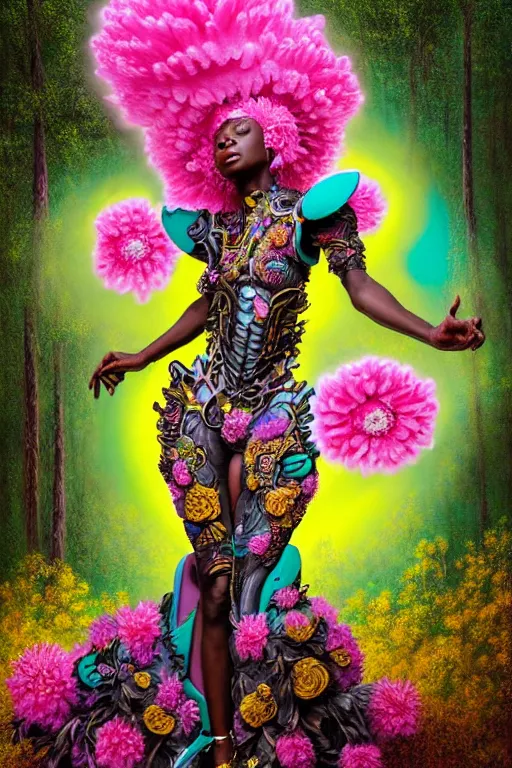 Image similar to high quality photo neo - rococo cinematic super expressive! yoruba goddess with exoskeleton armor, merging with tree in a forest, pink yellow flowers, highly detailed digital art masterpiece, smooth etienne sandorfi eric zener dramatic pearlescent soft teal light, ground angle hd 8 k, sharp focus