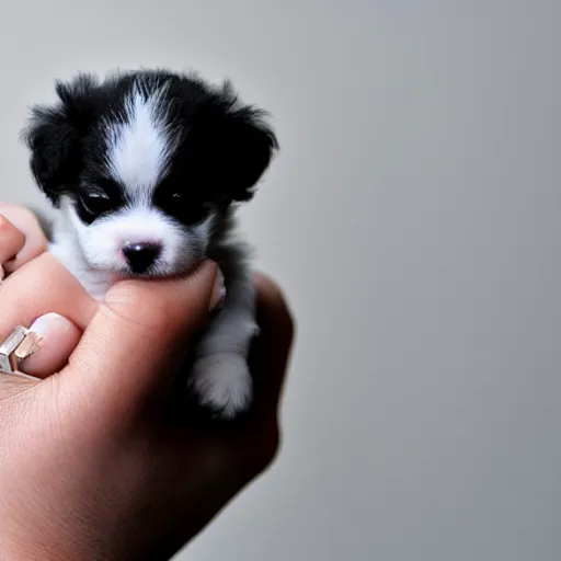 Image similar to a tiny puppy that fits in a hand, extremely cute, hyperrealistic