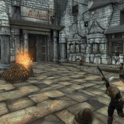 Image similar to chris morris delivers news in the town square, 3 dcg, skyrim, oblivion, morrowind, pc game, gameplay screenshot