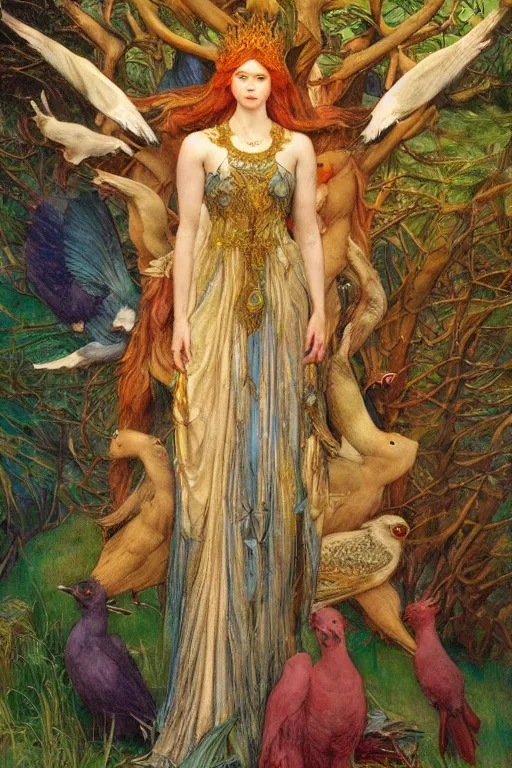 Image similar to the queen of the forest with her birds, by Annie Swynnerton and jean delville and Nicholas Roerich and Tino Rodriguez, elaborately costumed, rich color, dramatic cinematic lighting, smooth, sharp focus, extremely detailed, featured on artstation