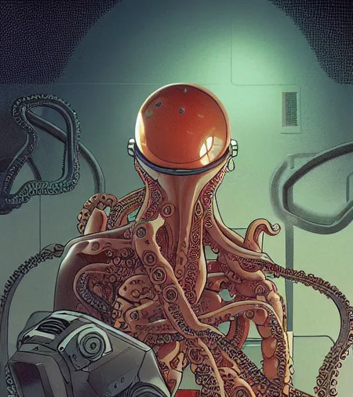 Image similar to a cybernetic realistic octopus in a space station, techwear, Industrial Scifi, detailed illustration, character portrait, by Martin Grip and Moebius