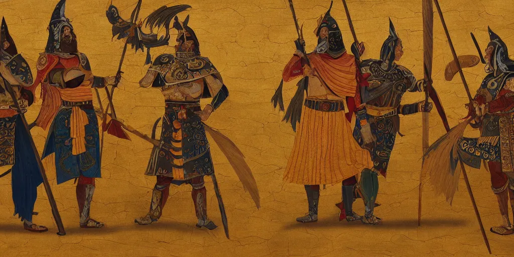 Image similar to Detailed painting of three warriors gathered around a large wooden table. They wear golden cloaks;