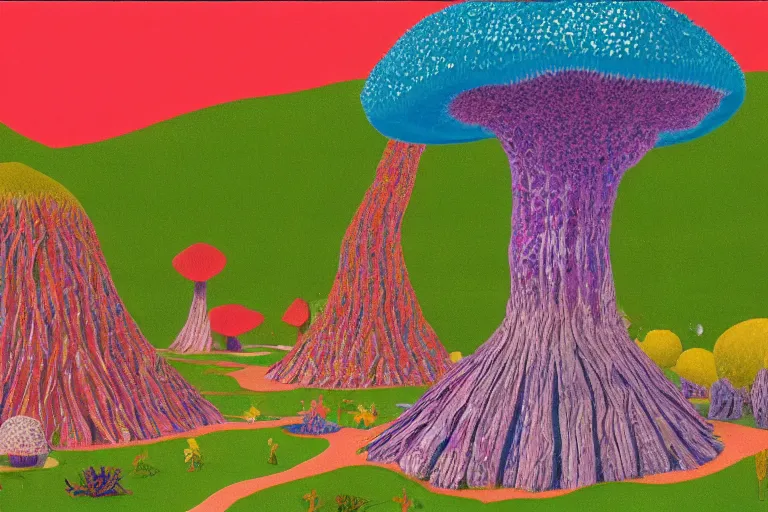 Prompt: a crystal and mushroom ridden world, extinct species, epic land formations, detailed, wide shot, created by david hockney. - h 4 0 0