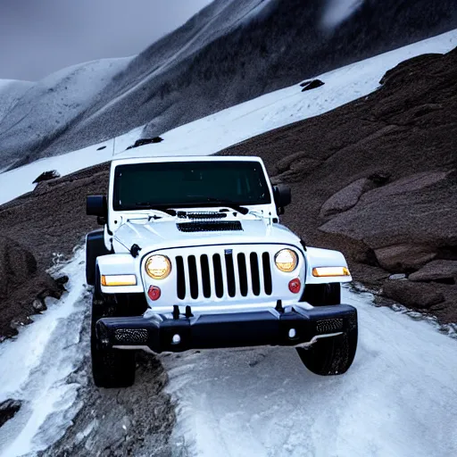 Prompt: white jeep wrangler driving up a steep snowy mountain cornice, high quality digital art, dramatic lighting, cinematic, photo realism