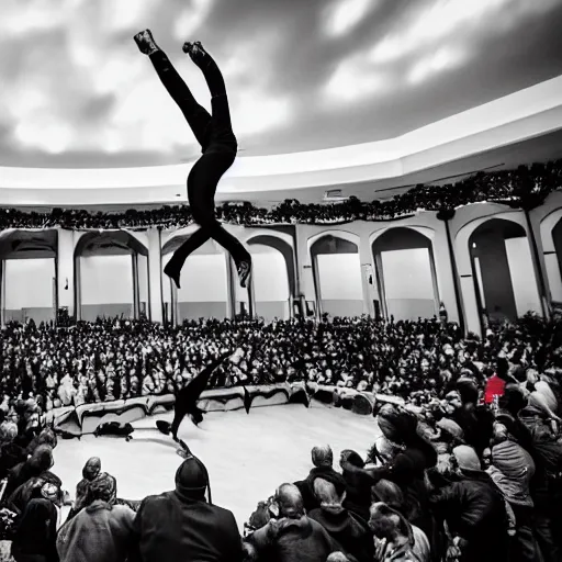 Prompt: a dramatic photo from the annual extreme fat man dancing and farting competition.