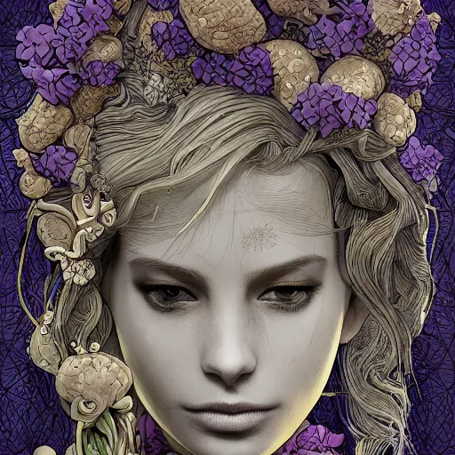 Image similar to the head of an unbelievably elegant and ridiculously beautiful woman partially made of potatoes and violets, an ultrafine detailed illustration by james jean, final fantasy, intricate linework, bright colors, behance contest winner, vanitas, angular, altermodern, unreal engine 5 highly rendered, global illumination, radiant light, detailed and intricate environment