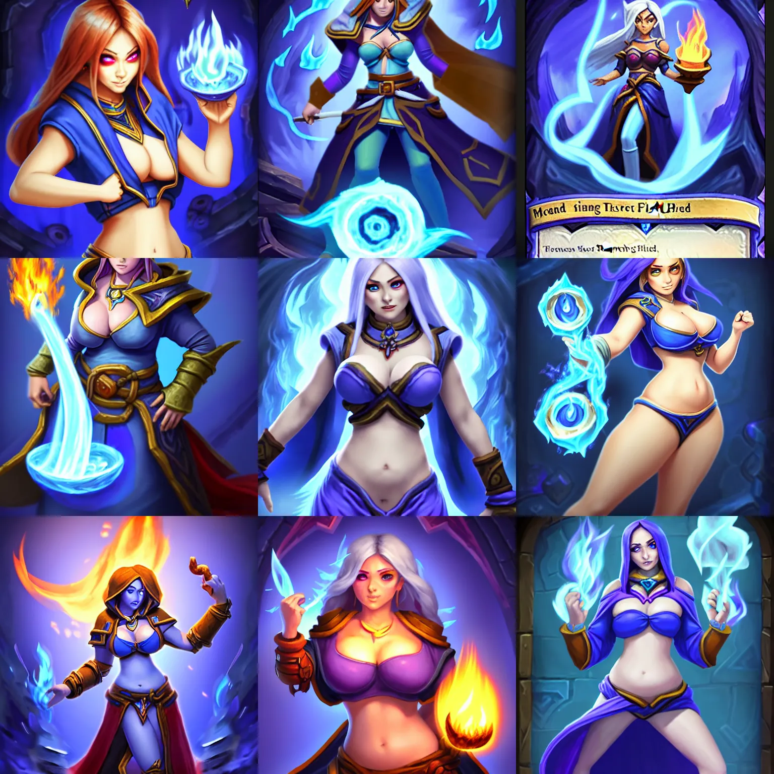 Prompt: tinyest midriff ever, largest haunches ever, fullest body, small head, huge breasts; a female mage with a blue robe and casting a fire spell, Hearthstone official splash art, SFW, SFW, perfect master piece, award winning; tinyest midriff ever, largest haunches ever, fullest body, small head, huge breasts