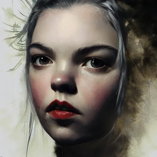 Image similar to portrait of actress anya taylor - joy, colourised, face portrait, epic, tragic, pastoral art, fantasy, dieselpunk, hd shot, digital portrait, beautiful, artstation, comic style, by artgerm, guy denning, jakub rozalski, magali villeneuve and charlie bowater