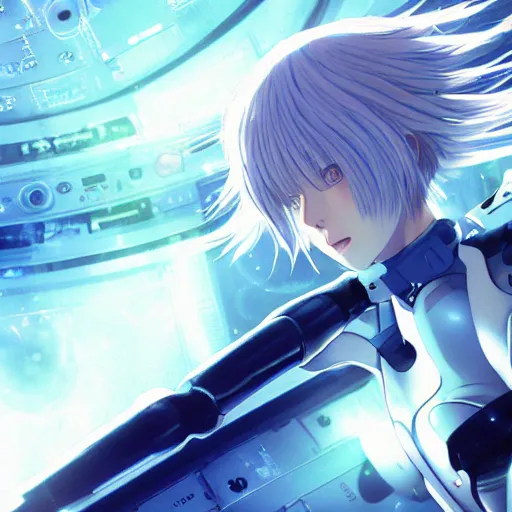 Image similar to This is a digital art piece by Yoshiyuki Sadamoto that is trending on artstation. It is a 8K UHD image of Rei Ayanami, a female anime character, inside a space station with technological rings. She is shot from the ground by Yoshiyuki Sadamoto. The environment is a concept design and the art is hyper realistic with intricate details.