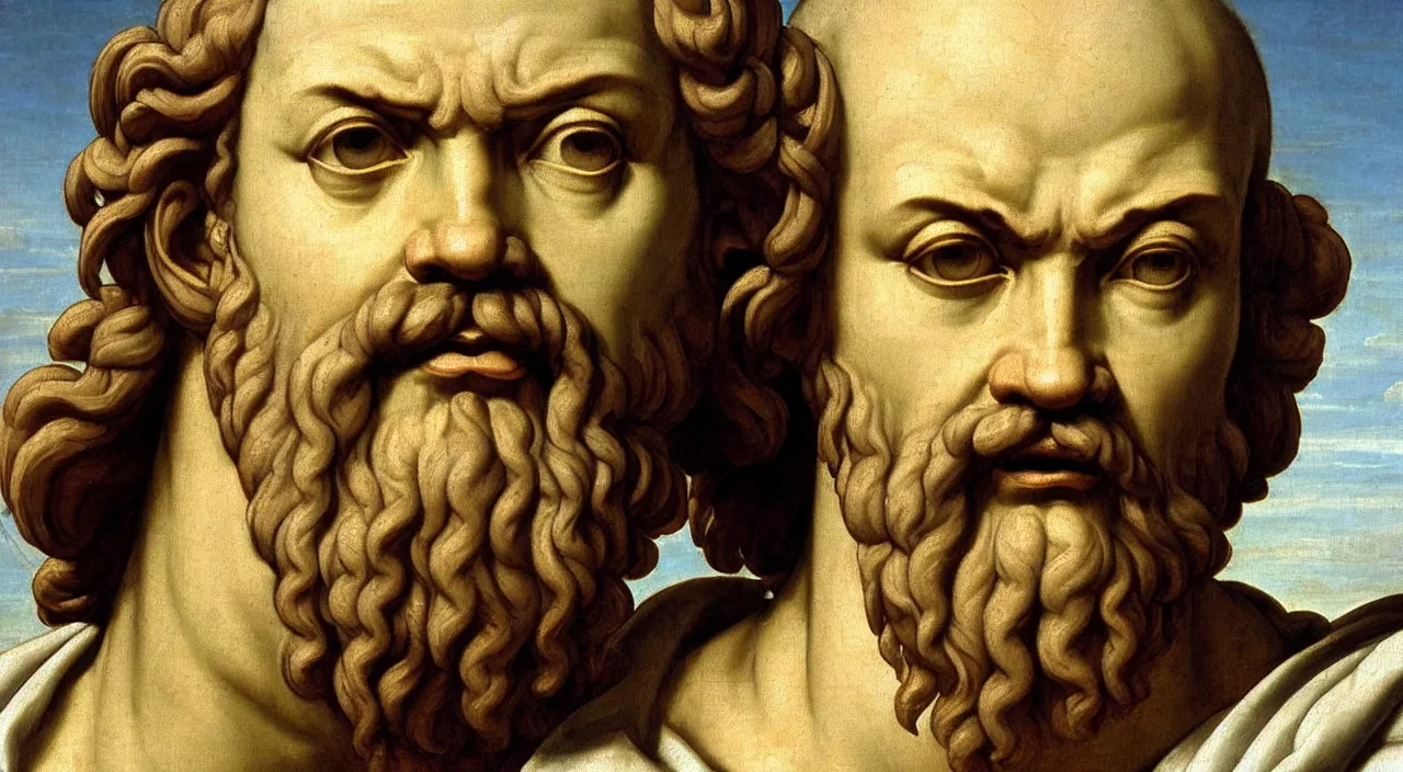 Prompt: renaissance painting of Socrates, compassion face, emotions closeup, dressed in roman clothes, ultra detailed, made in bronze, art by Guido Reni style, Vincenzo Catena style